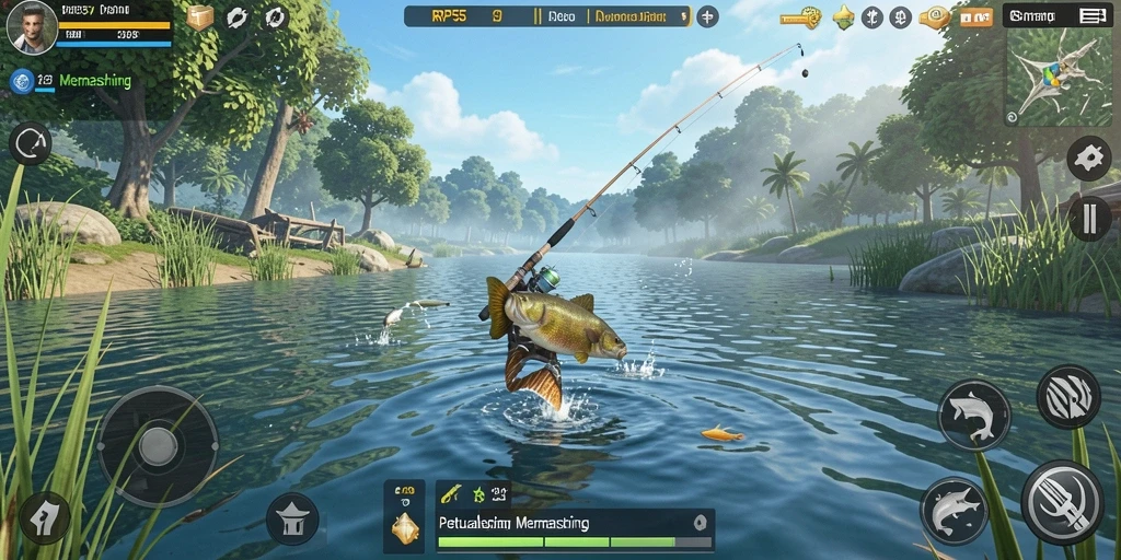 Tampilan antarmuka RP55 saat memancing dengan berbagai alat dan lokasi.